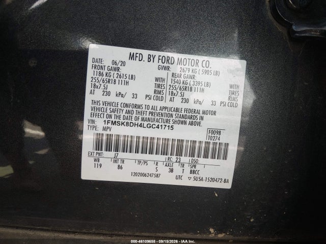 46109658 :رقم المزاد ، 1FMSK8DH4LGC41715 vin ، 2020 Ford Explorer Xlt مزاد بيع
