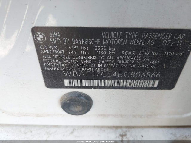Продажа на аукционе авто 2011 Bmw 535i, vin: WBAFR7C54BC806566, номер лота: 46109675