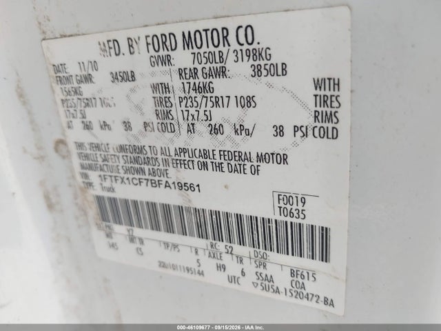 2011 Ford F-150 Xl მანქანა იყიდება აუქციონზე, vin: 1FTFX1CF7BFA19561, აუქციონის ნომერი: 46109677