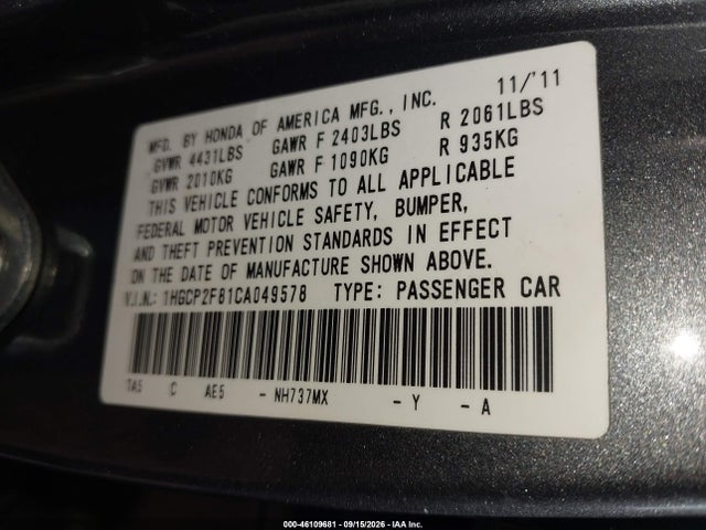 Продаж на аукціоні авто 2012 Honda Accord 2.4 Ex-l, vin: 1HGCP2F81CA049578, номер лоту: 46109681