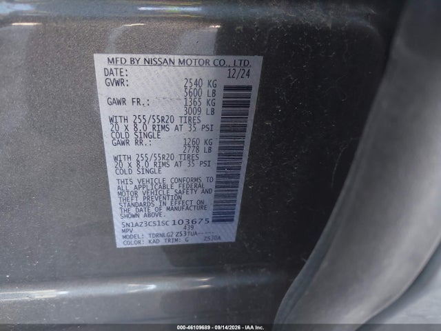 2025 Nissan Murano Sl მანქანა იყიდება აუქციონზე, vin: 5N1AZ3CS1SC103675, აუქციონის ნომერი: 46109689