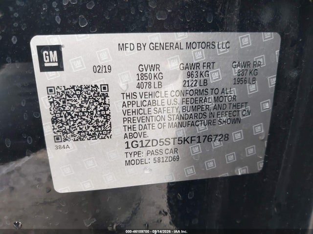 46109700 :رقم المزاد ، 1G1ZD5ST5KF176728 vin ، 2019 Chevrolet Malibu Lt مزاد بيع