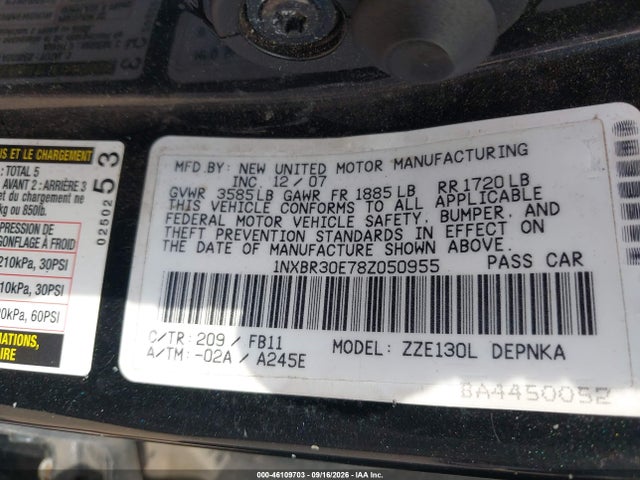 Aukcja sprzedaży 2008 Toyota Corolla Le, vin: 1NXBR30E78Z050955, numer aukcji: 46109703