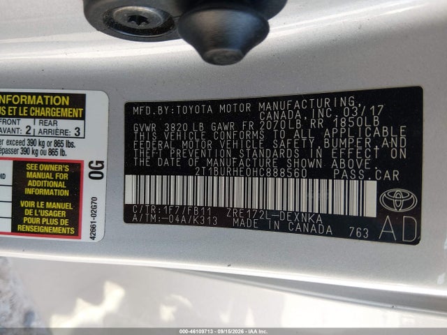 Продаж на аукціоні авто 2017 Toyota Corolla Le, vin: 2T1BURHE0HC888560, номер лоту: 46109713