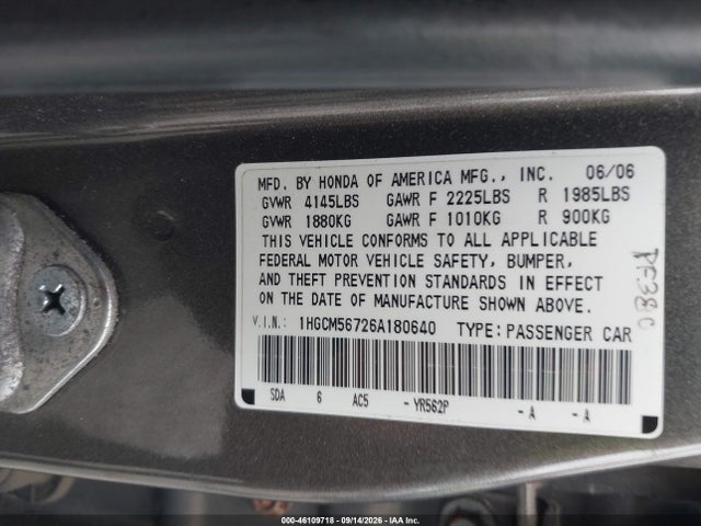 Aukcja sprzedaży 2006 Honda Accord 2.4 Ex, vin: 1HGCM56726A180640, numer aukcji: 46109718