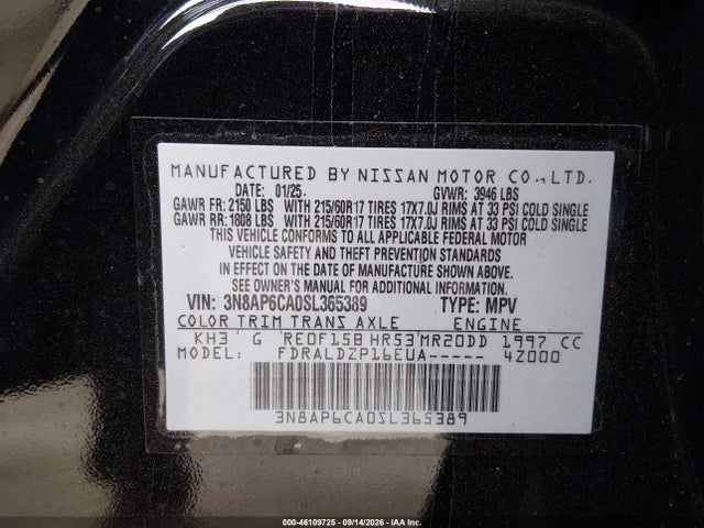 Aukcja sprzedaży 2025 Nissan Kicks Sv Fwd, vin: 3N8AP6CA0SL365389, numer aukcji: 46109725