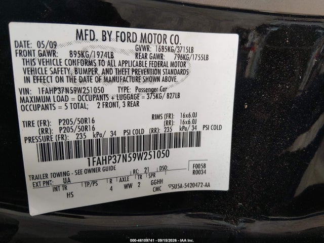 2009 Ford Focus Sel მანქანა იყიდება აუქციონზე, vin: 1FAHP37N59W251050, აუქციონის ნომერი: 46109741