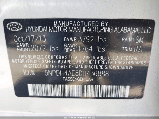 2013 Hyundai Elantra Gls მანქანა იყიდება აუქციონზე, vin: 5NPDH4AE8DH436888, აუქციონის ნომერი: 46109744