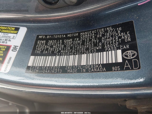 2016 Toyota Corolla S Plus მანქანა იყიდება აუქციონზე, vin: 2T1BURHE4GC726512, აუქციონის ნომერი: 46109751