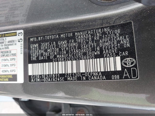 Aukcja sprzedaży 2007 Toyota Corolla Le, vin: 2T1BR32E07C766805, numer aukcji: 46109755