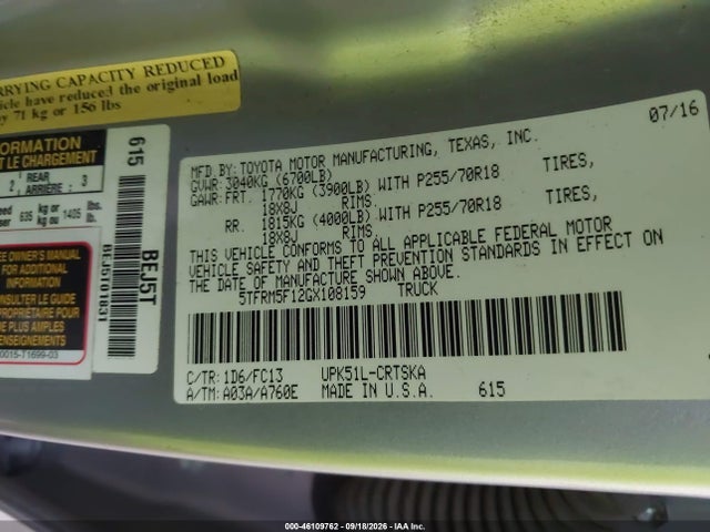 Aukcja sprzedaży 2016 Toyota Tundra Sr5 4.6l V8, vin: 5TFRM5F12GX108159, numer aukcji: 46109762