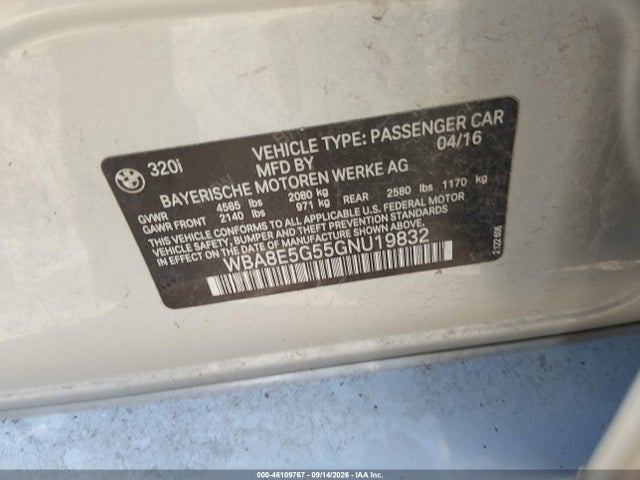 2016 Bmw 320i Xdrive მანქანა იყიდება აუქციონზე, vin: WBA8E5G55GNU19832, აუქციონის ნომერი: 46109767