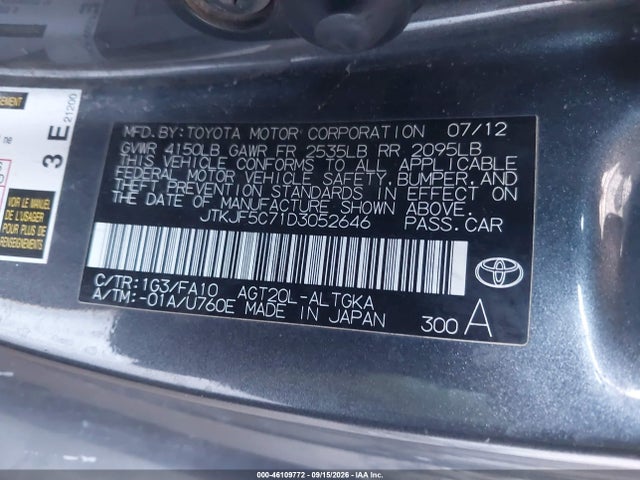 46109772 :رقم المزاد ، JTKJF5C71D3052646 vin ، 2013 Scion Tc مزاد بيع