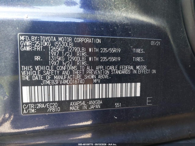 46109775 :رقم المزاد ، JTMEB3FV4MD016740 vin ، 2021 Toyota Rav4 Prime Xse مزاد بيع