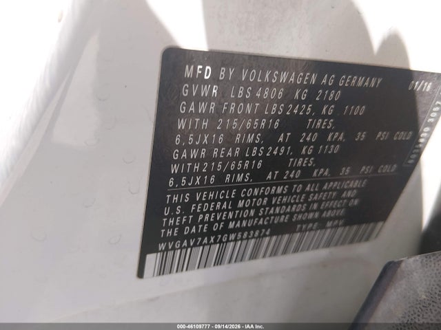 46109777 :رقم المزاد ، WVGAV7AX7GW583874 vin ، 2016 Volkswagen Tiguan S مزاد بيع