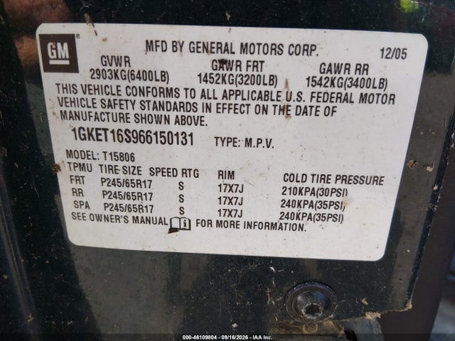 Продаж на аукціоні авто 2006 Gmc Envoy Xl Slt, vin: 1GKET16S966150131, номер лоту: 46109804