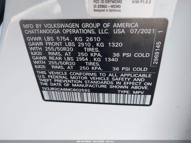 2021 Volkswagen Atlas 3.6l V6 Se W/technology მანქანა იყიდება აუქციონზე, vin: 1V2JR2CA6MC602592, აუქციონის ნომერი: 46109806