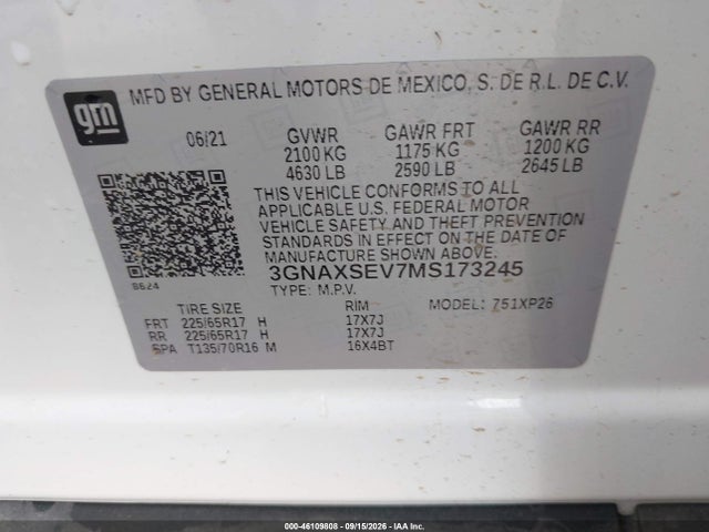 2021 Chevrolet Equinox Awd Ls მანქანა იყიდება აუქციონზე, vin: 3GNAXSEV7MS173245, აუქციონის ნომერი: 46109808