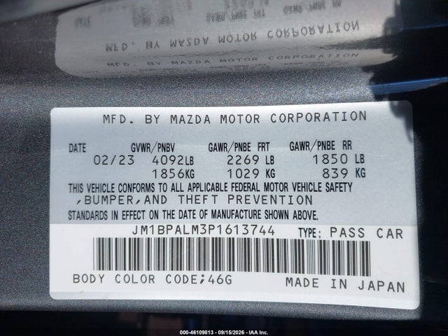 Aukcja sprzedaży 2023 Mazda Mazda3 2.5 S Preferred, vin: JM1BPALM3P1613744, numer aukcji: 46109813