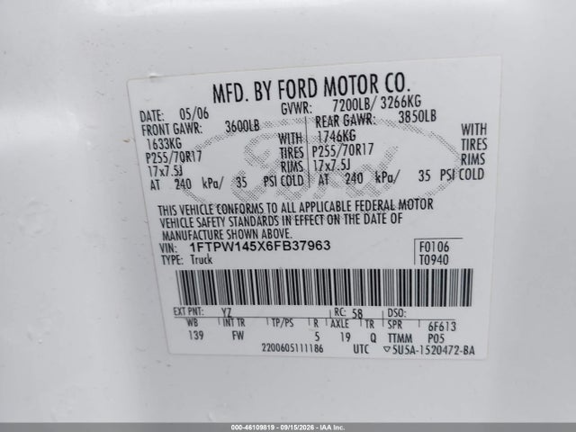 Aukcja sprzedaży 2006 Ford F-150 Fx4/lariat/xlt, vin: 1FTPW145X6FB37963, numer aukcji: 46109819
