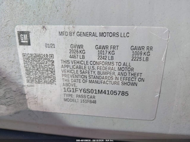 46109830 :رقم المزاد ، 1G1FY6S01M4105785 vin ، 2021 Chevrolet Bolt Ev Fwd Lt مزاد بيع