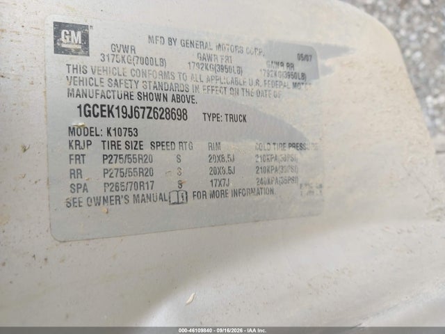 Продаж на аукціоні авто 2007 Chevrolet Silverado 1500 Ltz, vin: 1GCEK19J67Z628698, номер лоту: 46109840