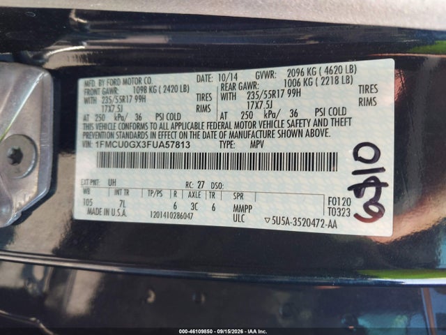 46109850 :رقم المزاد ، 1FMCU0GX3FUA57813 vin ، 2015 Ford Escape Se مزاد بيع