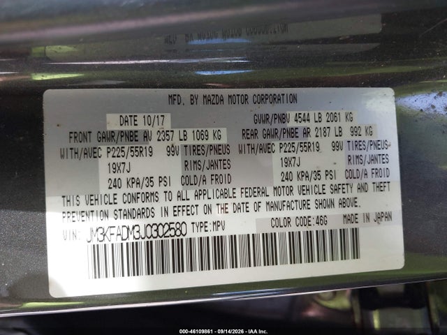 46109861 :رقم المزاد ، JM3KFADM3J0302580 vin ، 2018 Mazda Cx-5 Grand Touring مزاد بيع