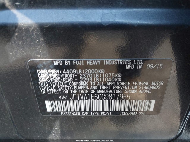 Aukcja sprzedaży 2016 Subaru Wrx Premium, vin: JF1VA1E60G9817955, numer aukcji: 46109872