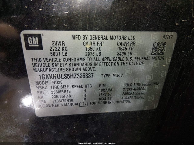 2017 Gmc Acadia Slt-1 მანქანა იყიდება აუქციონზე, vin: 1GKKNULS5HZ326337, აუქციონის ნომერი: 46109891