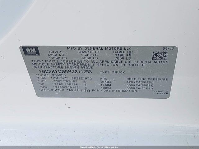 46109902 :رقم المزاد ، 1GC5KYCG5HZ311258 vin ، 2017 Chevrolet Silverado 3500hd Wt مزاد بيع
