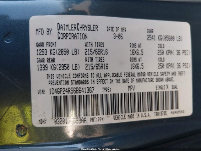 2006 Dodge Grand Caravan Se მანქანა იყიდება აუქციონზე, vin: 1D4GP24R56B641367, აუქციონის ნომერი: 46109906