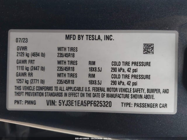 5YJ3E1EA5PF625320 Tesla Model 3 Rear-wheel Drive