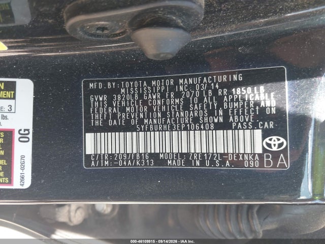 2014 Toyota Corolla Le მანქანა იყიდება აუქციონზე, vin: 5YFBURHE3EP106408, აუქციონის ნომერი: 46109915
