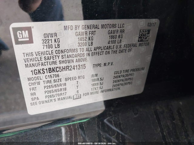GMC YUKON SLT 2017 1GKS1BKC5HR241315 Image 9