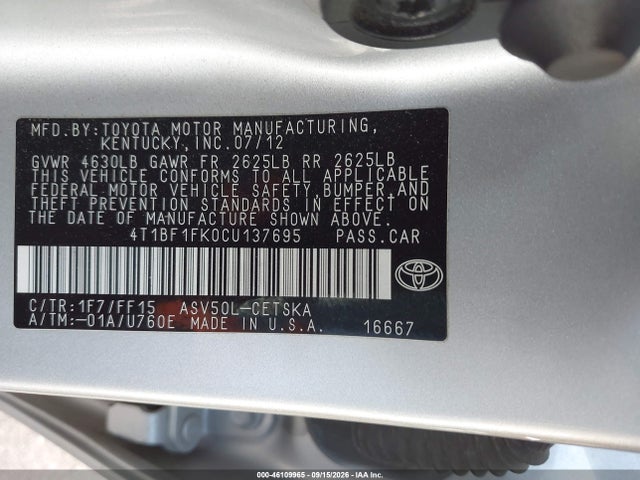 Aukcja sprzedaży 2012 Toyota Camry Se, vin: 4T1BF1FK0CU137695, numer aukcji: 46109965