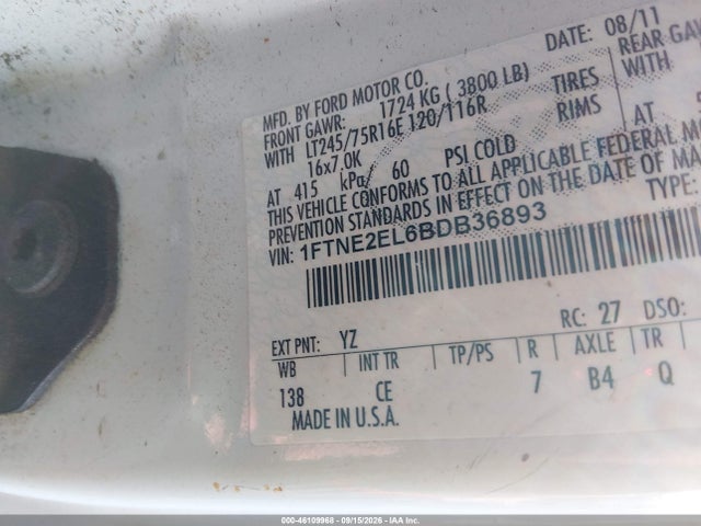 Продаж на аукціоні авто 2011 Ford E-250 Commercial, vin: 1FTNE2EL6BDB36893, номер лоту: 46109968