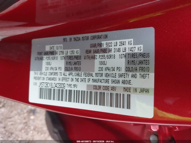 46109972 :رقم المزاد ، JM3TCBCY8L0403009 vin ، 2020 Mazda Cx-9 Touring مزاد بيع