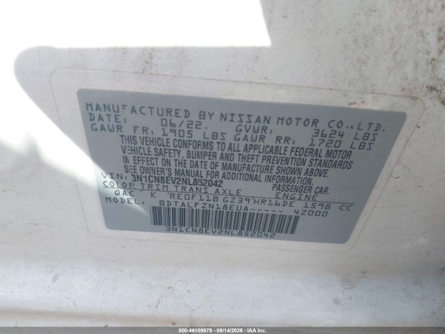 2022 Nissan Versa 1.6 Sv Xtronic Cvt მანქანა იყიდება აუქციონზე, vin: 3N1CN8EV2NL852042, აუქციონის ნომერი: 46109979