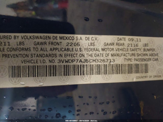 Продажа на аукционе авто 2012 Volkswagen Jetta 2.5l Se, vin: 3VWDP7AJ5CM326713, номер лота: 46109987