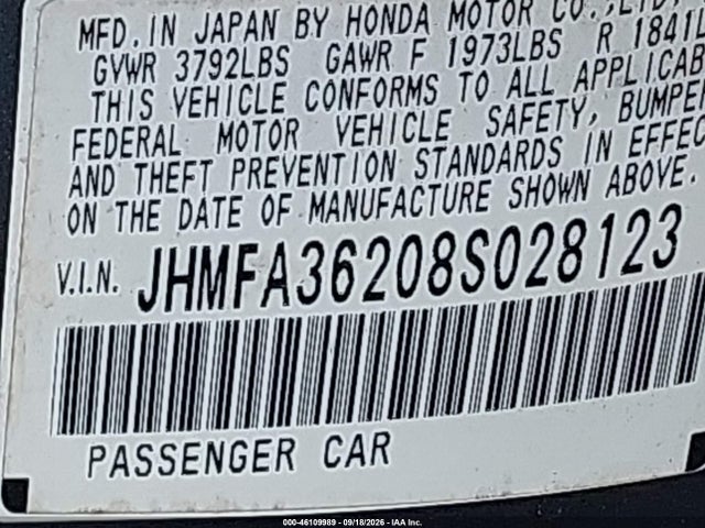 46109989 :رقم المزاد ، JHMFA36208S028123 vin ، 2008 Honda Civic Hybrid مزاد بيع