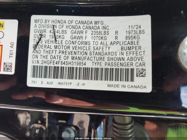 Продаж на аукціоні авто 2025 Honda Civic Hybrid Sport/sport Touring, vin: 2HGFE4F84SH319854, номер лоту: 46110005
