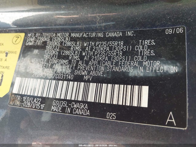 Auction sale of the 2007 Lexus Rx 350, vin: 2T2HK31UX7C031140, lot number: 46110013