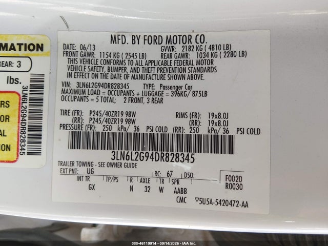 Aukcja sprzedaży 2013 Lincoln Mkz, vin: 3LN6L2G94DR828345, numer aukcji: 46110014