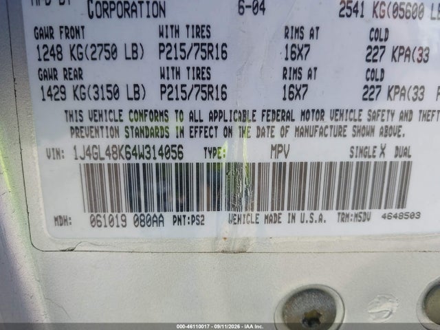 46110017 :رقم المزاد ، 1J4GL48K64W314056 vin ، 2004 Jeep Liberty Sport مزاد بيع