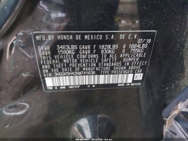 2019 Honda Fit Lx მანქანა იყიდება აუქციონზე, vin: 3HGGK5H42KM741636, აუქციონის ნომერი: 46110031