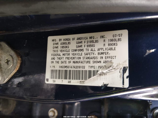 Продаж на аукціоні авто 2007 Honda Accord 2.4 Vp, vin: 1HGCM56147A209102, номер лоту: 46110032