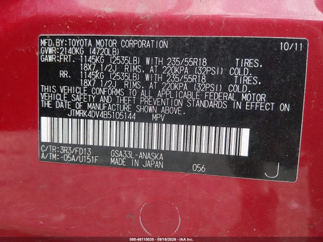 Aukcja sprzedaży 2011 Toyota Rav4 Sport V6, vin: JTMRK4DV4B5105144, numer aukcji: 46110035
