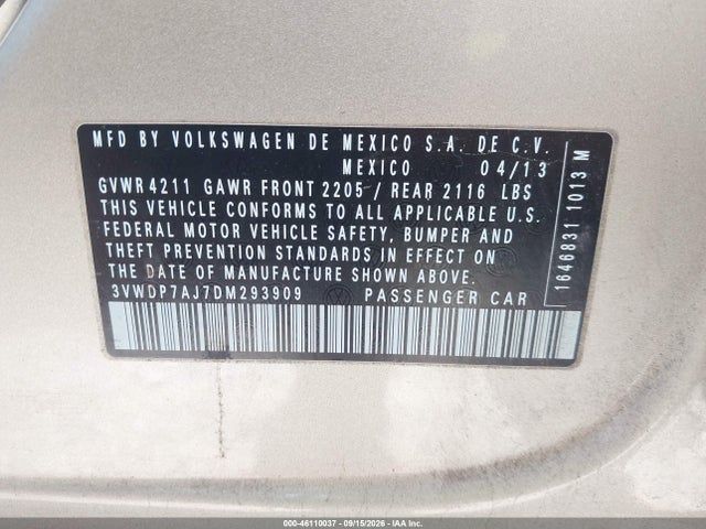2013 Volkswagen Jetta 2.5l Se მანქანა იყიდება აუქციონზე, vin: 3VWDP7AJ7DM293909, აუქციონის ნომერი: 46110037