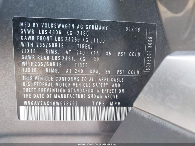 2016 Volkswagen Tiguan Se მანქანა იყიდება აუქციონზე, vin: WVGAV7AX1GW578752, აუქციონის ნომერი: 46110047